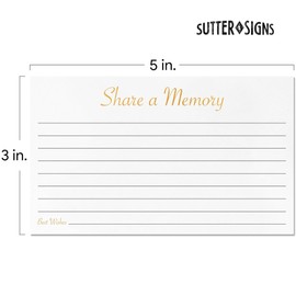 Sutter Signs - Tarjetas de memoria para funeral de 3 x 5 pulgadas, 50 tarjetas conmemorativas doradas para celebración de la vida, libro de visitas, graduación, jubilación, cumpleaños, juego de fiesta