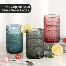 KMIGRUAN 15oz Colored Hobnail Drinking Glasses Set of 6,Vintage Kitchen Glassware,Embossed Beaded Glass Cups,Water Tumbler for Cocktail,Juice and Various Mixed Drinks