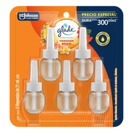 Aromatizante para Hogar Líquido Eléctrico Glade, Aceites Naturales, Aroma Hawaiian Breeze, 5 Repuestos de 21ml cada uno