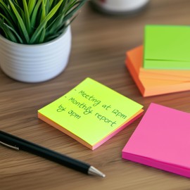 1200 Sticky Notes Bright Colour Square Pads | 12 Pads - 76x76mm (3"x3") | Note Taking Memo Pad in Yellow, Pink, Orange, Green, Peach Colours | Office Supplies, Revision Study Notes, 100 Sheets per Pad