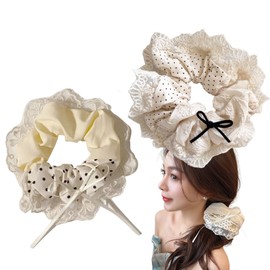 Shefun Chou Ribbon Adult Bowknot Beige Lace Scrunchie Set of 2 Adults Hair Elastic Silk Rubber Stylish Volume Women's Hair Ornaments Hair Accessory Hair Scrunchie JP315 (Beige-B Half Black Dots)