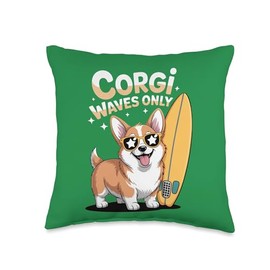 Cute Corgi Surfing Beach Waves Summer Vibes Funny Dog Throw Pillow
