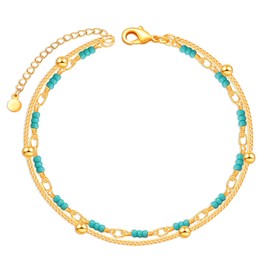 VIVILE Gold Silver Turquoise Beads Anklet for Women and Girls, Festival and Beach Accessories, Handmade Boho Anklet, Adjustable Size, Waterproof Jewellery