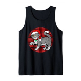 Gray Tabby Cat In Santa Hat a Christmas Plaid Tank Top