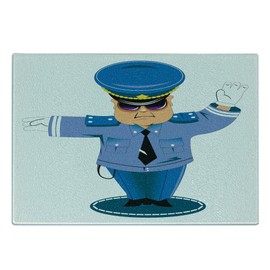 Lunarable Police Cutting Board, Serious Traffic Cop Standing at the Crossroads Giving Directions Cartoon Character, Decorative Tempered Glass Cutting and Serving Board, Small Size, Multicolor