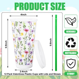 JarThenaAMCS 12Pcs Spring Floral Plastic Cups with Straw and Lid Watercolor Wild Flower Tumbler Floral Cold Cups for Beverage Drinks Home Office Party Decoration