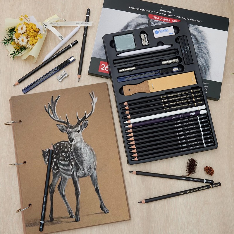 Brusarth Charcoal Pencils for Drawing, Set of 26, Professional Drawing