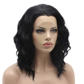 Lushy Short Wavy Black Wig Full Density Half Hand Tied Heat Friendly Synthetic Lace Front Wig