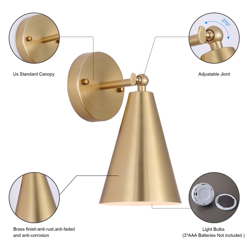 MWZ Gold Battery Operated Wall Sconces Set of Two,Wireless Indoor