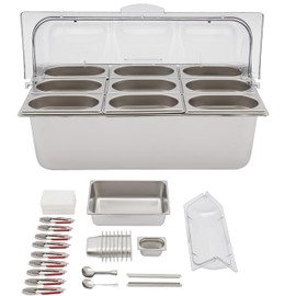 kunghei Countertop Food Serving Display Container Stainless Steel Condiment Dispenser Fruit Salad Display Rack W/Lid 9 Clamps 9 Spoons 3 Ice Boxes for Buffet Restaurant Hotel (9 Compartments)