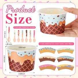 360 Pcs 180 Sets Ice Cream Cups with Spoons Bulk 9.5 oz Disposable Paper Ice Cream Bowls Colorful Dessert Cups Containers for Yogurt Sundae Bar Supplies Summer Gatherings Birthday Party