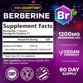 Nature's Nutrition Berberine Supplement 1200mg, High Absorption Berberine Supplements Heart Health & Immune Support Berberine Supplement - Berberine HCL Supplement Pills, Gluten-Free Berberine HCI - 120 Veggie Capsules