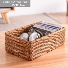 amololo Handmade Rectangle Wicker Fruit Box Rattan Tray Magazine Organizer and Small Objects Container Serving Basket (Large)