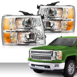 PIT66 LED DRL STRIP Headlights Assembly Front Headlamp Assembly Front Headlamp Assembly Compatible with Chevy Silverado 1500 2500 3500 & HD Models 2007-2014，Clear Lens Chrome Housing Amber Reflector