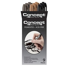 Concept Brush Pens - Permanent Art Markers with Brush Tip for Lettering, Calligraphy, Drawing, Illustrators, Designers, Artists, & Architects - Set of 9