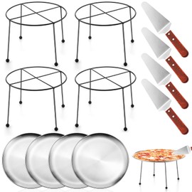 Yiyiring 12 Pcs Pizza Stand Set: 4 Metal Stands, 4 Pizza Pans, 4 Spatulas for Weddings, Party(Silver,Round with Legs)