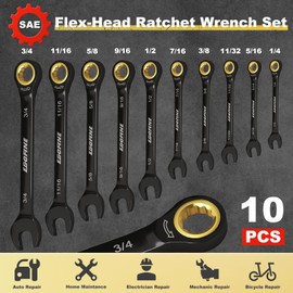 Egofine Ratcheting Wrench Set 10 Piece, SAE Wrench Set, CR-V Steel 1/4” to 3/4” Wrench, 72-Teeth Combination wrench set, Black Electrophoretic Coating Ratchet Wrenches Set with Tool Roll Bag