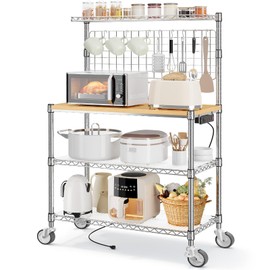 Leteuke Bakers Rack with Power Outlet & Storage, 36 Inch Microwave Stand Coffee Bar, 4-Tier Metal Kitchen Shelves Cart with Wheels & 20 S-Hooks for Kitchen, NSF Certified, 63 x 18 x 36 Inch, Chrome