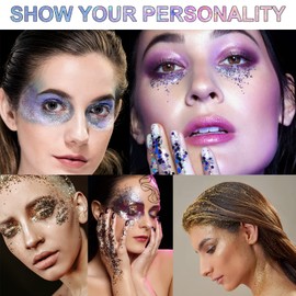 Body Glitter Gel, Glitter Holographic Chunky Gel, Mermaid Sequins Body Glitter, Glitter Liquid Eyeshadow for Face, Hair, Lips, Nails, Make-Up, Cosmetics, Festival, 30 g (Silver)