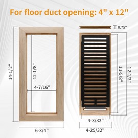 Oak Floor Register for 4x12 Inch Duct Holes - Flush Mount Floor Vent with Metal Damper - White Wooden Vent Covers for Home Floor - 0.8 Inch Thickness - Unfinished - 2PCS