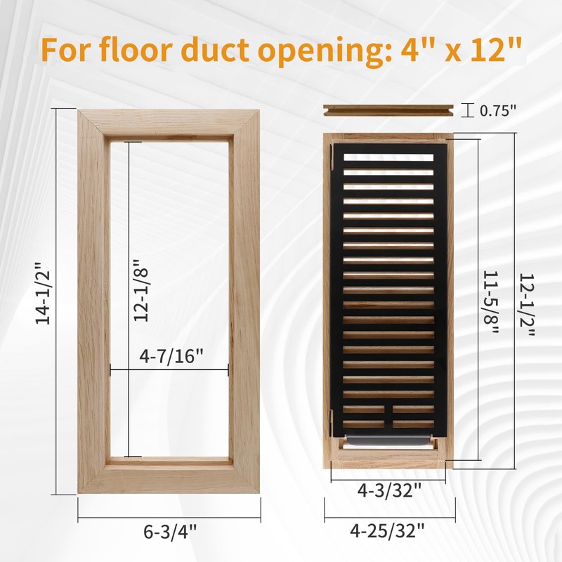 Oak Floor Register for 4x12 Inch Duct Holes - Flush