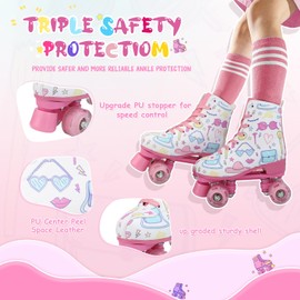 jessie Girl Roller Skates for Kid, PU Leather Flash Rainbow Adjustable Roller Skates Girls Ages 5-12 Four-Wheel Beginner Adult Indoor Outdoor (White,32)