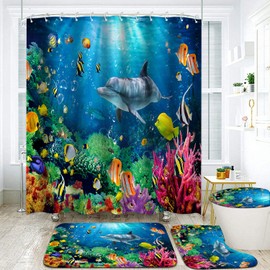 Kids Shower Curtain Set Bathroom Decor Sea World Blue Ocean Shower Curtain 4 Piece Waterproof Tropical Underwater Dolphin Coral Reef Fish Shower Curtain and Rugs Home Toilet Restroom Bath Accessories