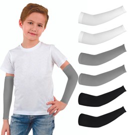 3 Pairs Kids Arm Sleeves, UV Sun Protection Arm Sleeves for Men Women Upf 50 Compression Cooling Sleeves Outdoor Sport Breathable Elastic Ice Sleeve for Youth Boys Girls Sports (Black White Grey)