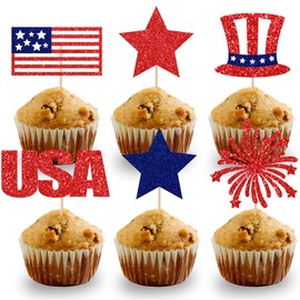 4th of July Cupcake Toppers Independence Day Cupcake Topper Glitters Patriotic Cupcake Toppers USA Flag Red Blue Star Firework Hat Picks Toothpick Toppers for July 4th Party Decorations 18pcs
