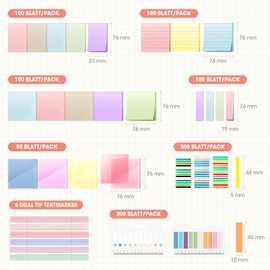 Focxoio 3200 Sticky Notes + 6 Pastel Highlighters, Note Set with Post-it, Transparent Notes, Line Notes, Sticky Notes Set - Office & School Supplies for Organisation & Creativity