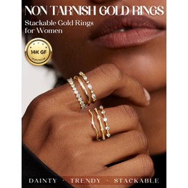 Morfetto Pack of 6 Stackable Gold Rings for Women, Non-Cloudy Stacking of Zirconia Thumb Ring Set, Trendy Statement Stacking Rings Jewellery, Copper