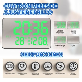 Reloj Despertador Digital con Control de Sonido, Hora, Temperatura y Fecha Simultáneas en una sola pantalla, Despertador Inteligente con Pantalla Táctil Para Ajustar 3 Niveles de Brillo (Luz Verde)