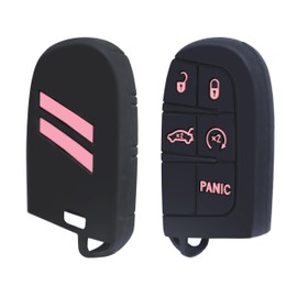 YOSRTER 2PCS Silicone Key Fob Cover Fit for Dodge Charger Challenger Durango Journey Dart Key Shell Protector 5 Buttons Keyless for Dodge Accessories(Pink Trim)