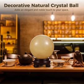 Natural Yellow Calcite Ball, 9 cm/3.5" Quartz Crystal Ball with Wooden Stand, Decorative Natural Fluorite Sphere, Unique Handcrafted Gemstone Ball for Home Decor
