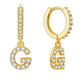 Ldurian Initial Drop Hoops, Small Huggie Earrings, Sparkly Ear Hugger, 14K Gold Plated, For Second Hole, Simple Jewelry Women Men (with Letter G Charm)
