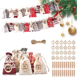 Norhogo Pack of 24 Christmas Decoration Bags / Bags, Advent Calendar for Filling, 24 Felt Bags, Small Clips and Numbers Wooden Pendants, Advent Calendar Numbers Stickers, Christmas Calendar Gift Bags