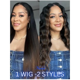 Nadula EasiContour Yaki Straight V Part Wig Human Hair with Drawstring No Leave Out Black to Chestnut Brown Ombre Highlight Clip in Vpart Wig,Glueless Upgrade Yaki U Part Wig 180% Density 18inch