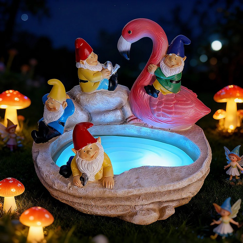 Solar-Powered Garden Gnomes and Flamingo Lantern Set with Mushroom Lights,
