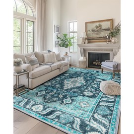 CALORGAN Area Rug for Living Room: Washable 8x10 Area Rugs Bedroom Dining Room Non Slip - Oriental Low Pile Thin Carpet for Home Decor No Shedding - Soft Vintage Boho Rug Aesthetic - Malachite Green