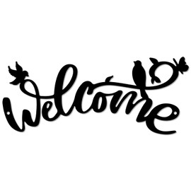 CREATCABIN Welcome Metal Wall Sign Black Iron Wall Decor Bird Butterfly Silhouette Hanging Ornament Decorative Art Sculpture for Indoor Outdoor Home Living Room Garden Office Decor Gift 11.8x4.9in