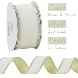 MEEDEE Gold & White Velvet with Rhinstone Edge Wired Ribbon 2.5 Inch Luxury Jeweled Ribbon 5 Yards Sparkling Rhinestone Trim for Christmas Tree, Garland, Wreaths, Holiday Home Decor, Wedding Decor