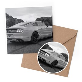 1 x Greeting Card & 10 cm Round Sticker Set - BW - Yellow Muscle Car American - Birthday Thank You Friend Lover Fan Mum Dad Kids #41261