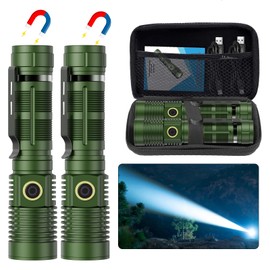 Hoxida Small Tactical Flashlights High Lumens - 1500 Meters Long Beam Super Bright LED Magnetic Flashlight USB Rechargeable Zoomable 5Modes Long Beam Spotlight Flashlight for Hiking, Camping-Green