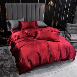 Satin Bedding Set Full Wine Red Silk Like Satin Duvet Cover Set Luxury Soft Burgundy Comforter Cover Adults Bedroom Decor Chic Luxurious Silky Bedspread Cover Zipper (1 Duvet Cover + 2 Pillow Case)