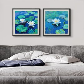 SIGNFORD Framed Canvas Print Wall Art Vibrant Blue Water Lily Pond Impressionist-Style Botanical Illustrations Modern Boho Nature Colorful Chic for Living Room, Bedroom, Office - 16"x16"x2 Black