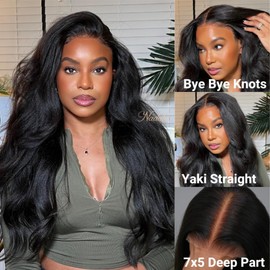 Nadula Bye Bye Knots Glueless Wig Yaki Straight Human Hair Pre Cut 7x5 Invisible Knots HD Lace Front Put on and Go Wigs Pre Plucked Pre Bleached No Glue 180% Density 22inch