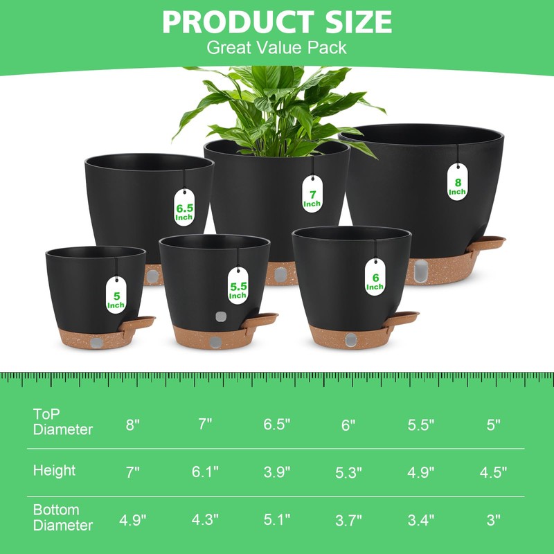 Self Watering Planter Set with Visual Water Level, 6Pack Small