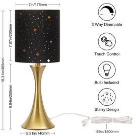 Touch Lamp for Bedroom, 3 Way Dimmable Gold Table Lamp with Black Starry Shade, Decorative Nightstand Lamp Ambient Beside Light for Living Room, Guest Room, Office 3000K LED Bulb Included