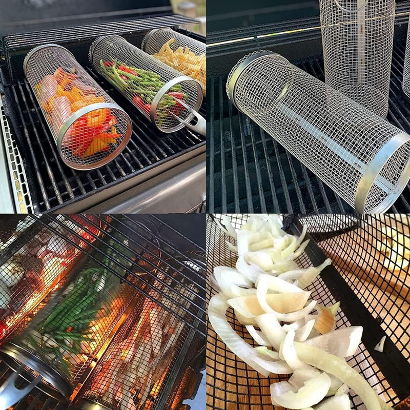 Ockyunoo Stainless Steel Round Silver Rolling Grill Basket for Fish