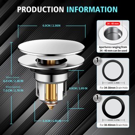 1 x Full Copper Pop Up Drain Strainer, Upgraded Bathroom Sink Plug, Metal Drain Plug, Universal, Sink Plug, with Seals, Drain Plug for Bathroom, Sink and Kitchen (34-40 mm).